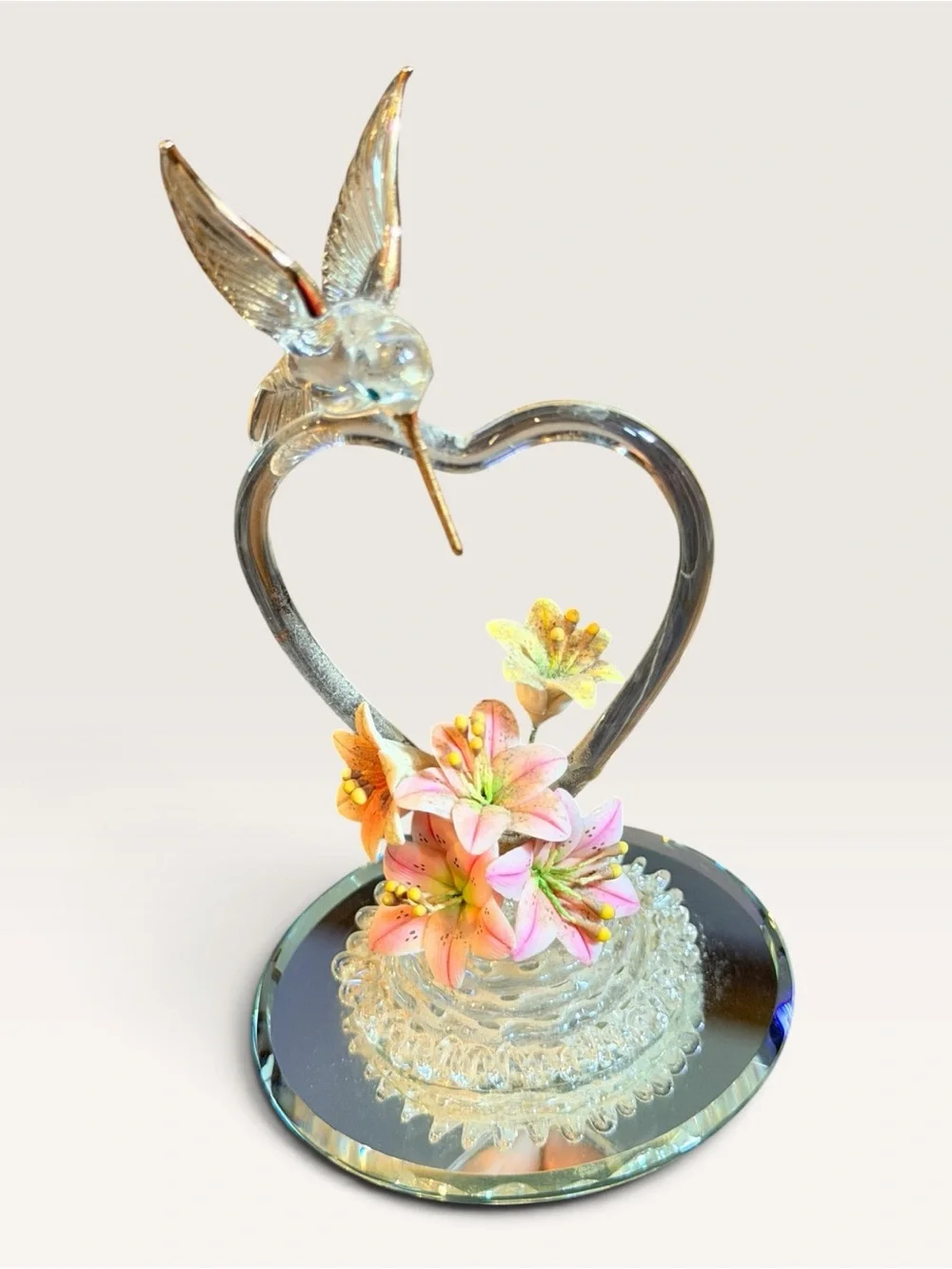 Vintage Glass Baron Hummingbird Heart Pink Lilies Mirrored Base Figurine